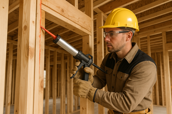 can you make a picture of a man using that gun on a home frame construction with red caulk